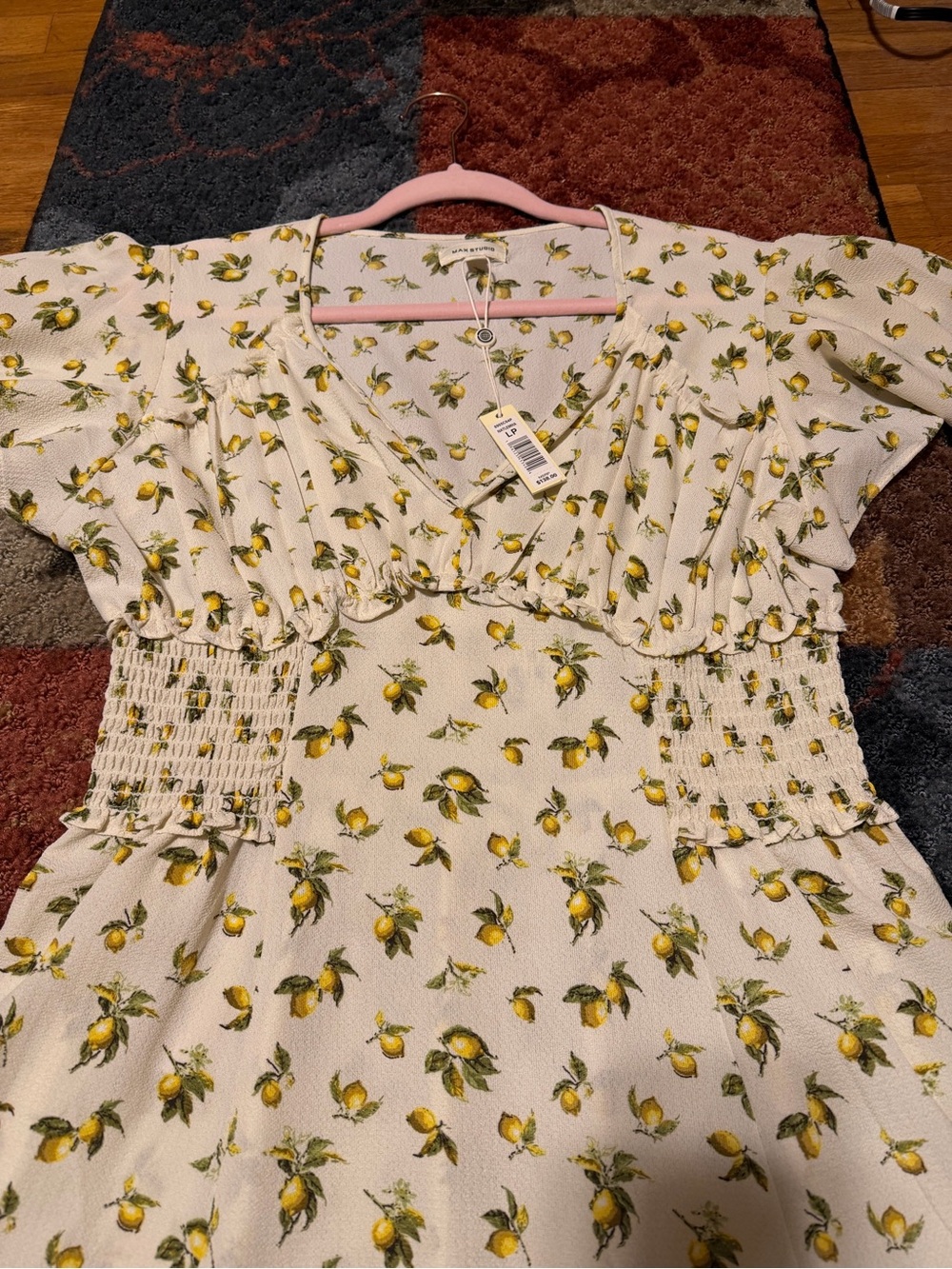 NWT Max Studio Lemon Print flutter Sleeve Smocked Waist Dress size large petite